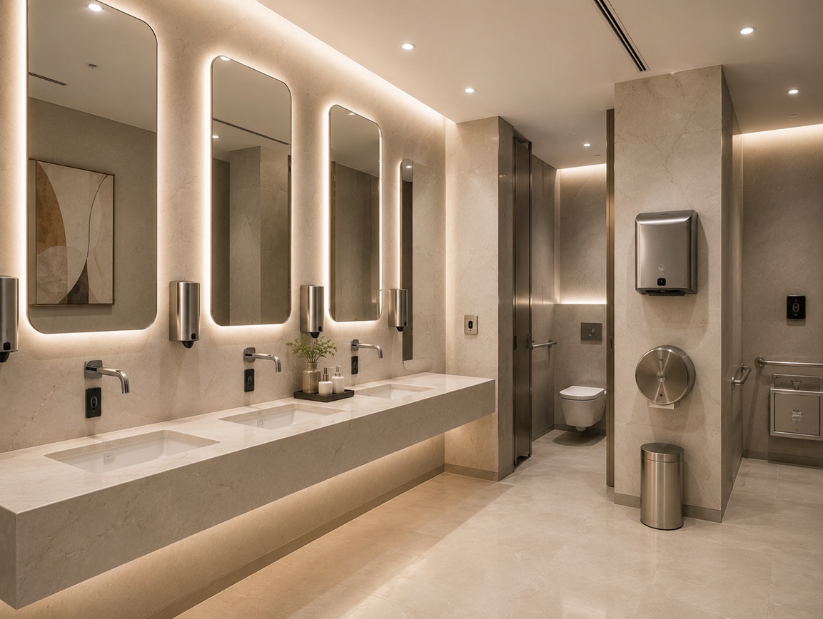 Modern commercial restroom featuring touchless faucets, automatic soap dispensers, LED mirrors and sensor technology